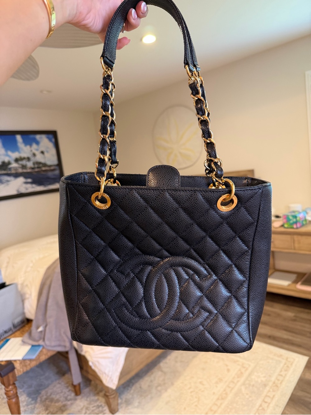 Chanel Black Quilted Leather Petite Shopping Tote with Gold Chain Straps - Picture 1 of 8